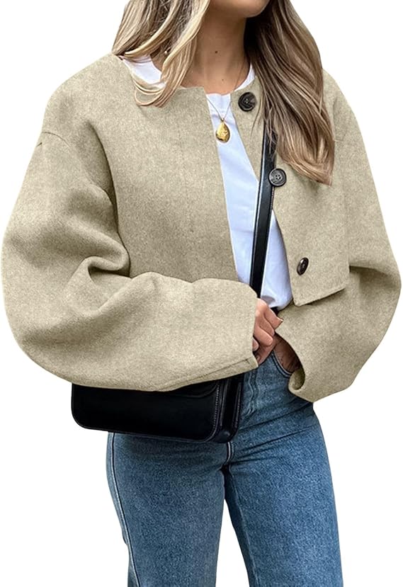 Women Cropped Wool Blend Pea Coat Short Jacket Peacoat Long Sleeve Button Down Crop Jacket