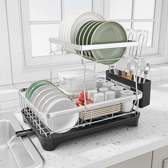 Dish Drying Rack - 2-Tier 304 Stainless Steel Dish Rack for Kitchen Counter , Adjustable Spout Auto-Draining Dish Rack, Kitchen Organizers and Storage Rack with Drainboard and Cutlery Holder Black