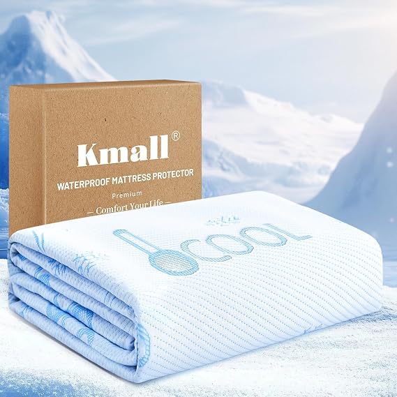 Kmall Cooling Queen Size Mattress Protector - 100% Waterproof & Breathable Cool 3D Air Fabric Bed Mattress Cover, Ultra Soft Noiseless Mattress Pad for 8"-21" Deep Pocket, Machine Washable (Blue)