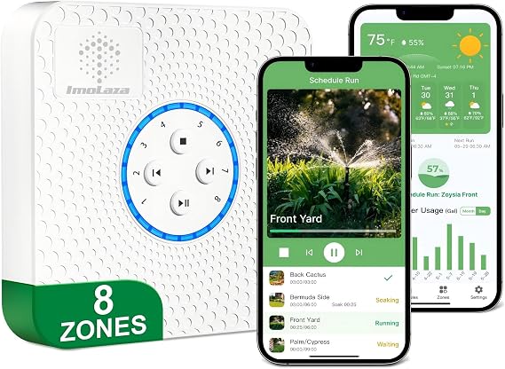 ImoLaza Indoor Smart Sprinkler Controller, ET Automatic Watering Irrigation Controller,2.4GHz WiFi, Ultra Water Saving via Rain/Wind/Freeze/Saturation Skip, App Remote Control & Fault Alerts (8-Zone)