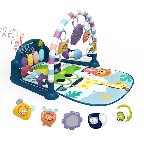 dearlomum Blue Giraffe Theme Baby Play Mat Gym with Kick & Play Piano