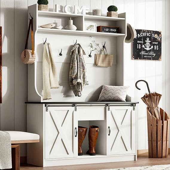 4ever2buy Farmhouse Hall Tree with Bench & Shoe Storage, White | 5-in-1 Coat Rack with Hooks & Sliding Barn Doors for Entryway, Hallway or Mudroom Organization