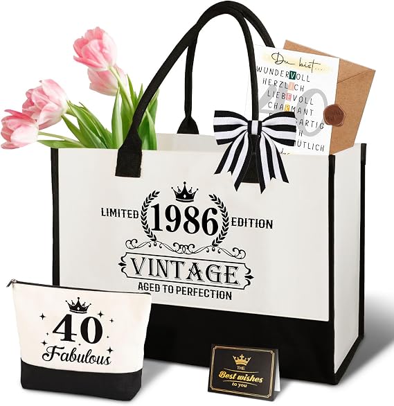 Giftota 40th Birthday Gift Woman - Vintage 1986 Canvas Shopping Bag Tote Bag & Cosmetic Bag Set with Greeting Card - 40th Birthday Gift for Mom Girlfriend Coworker or Sister