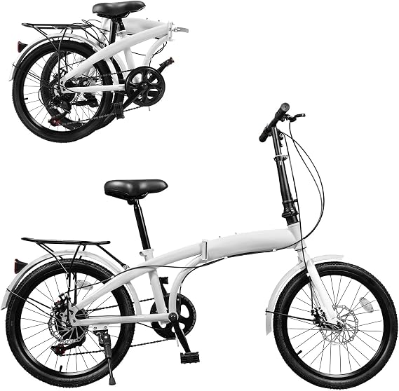 20-Inch Folding Bike with 7-Speed, Lightweight Collapsible Bicycle for City Commuting, Foldable Bikes w/ Elevable Handlebars & Adjustable Seat Height, 7-Gear Transmission Disc Brakes for Traveling