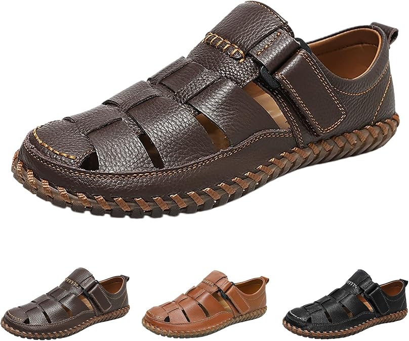 Men's Closed Toe Fisherman Sandals Summer Leather Gladiator Sandals with Back Strap, Wide Fit Soft Sole Outdoor Hiking Sandal Anti-Slip Breathable Beach Shoes for Men