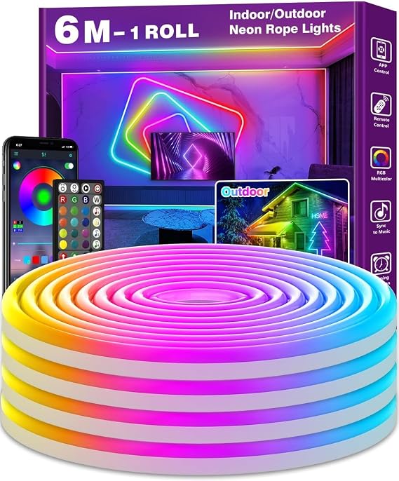 AHRLHR Waterproof Neon Rope Lights IP68, 6m LED Strip Light for Outdoor Indoor, Flexible RGB Neon Strip Lights Controlled by APP & Remote, Music Sync Gaming Strip for Game Room or Around Pool [Energy Class A]