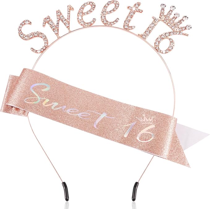 Atoden Sweet 16 Birthday Sash Headband Princess Tiara Crown 16th Birthday Decorations for Girls Sweet Sixteen Gifts for Girls