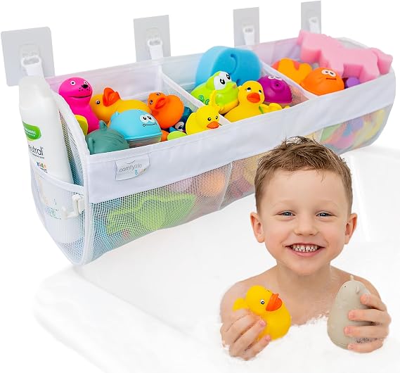 Comfylife Large Bath Toy Organizer 3 Compartment Bath Toy Holder for Bathtub & Shower Quick-Dry Mesh with 4 Strong Adhesive Hooks Kids Toys Storage Net for Bathroom, shower & Tub