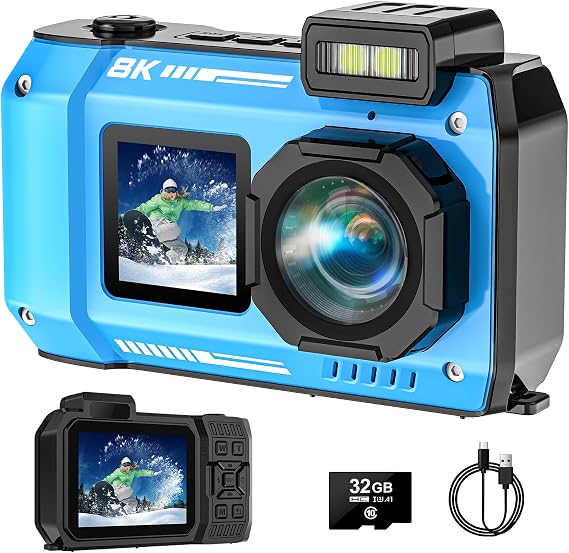 8K UHD Underwater Camera 33FT Autofocus 70MP Rugged Dustproof Shockproof Digital Camera Waterproof Dual-Screen Selfie Underwater Photograph with 32GB Card, Blue
