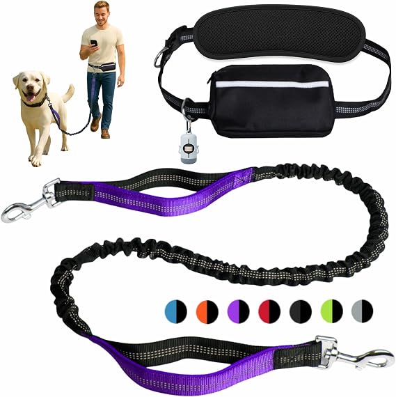 Hands-Free Dog Leash for Dogs up to 130 lbs Heavy-Duty, Shock-Absorbing Bungee Leash with Zipper Pouch, Dual Padded Handles & Adjustable Waist Belt for Running & Walking Bright Purple