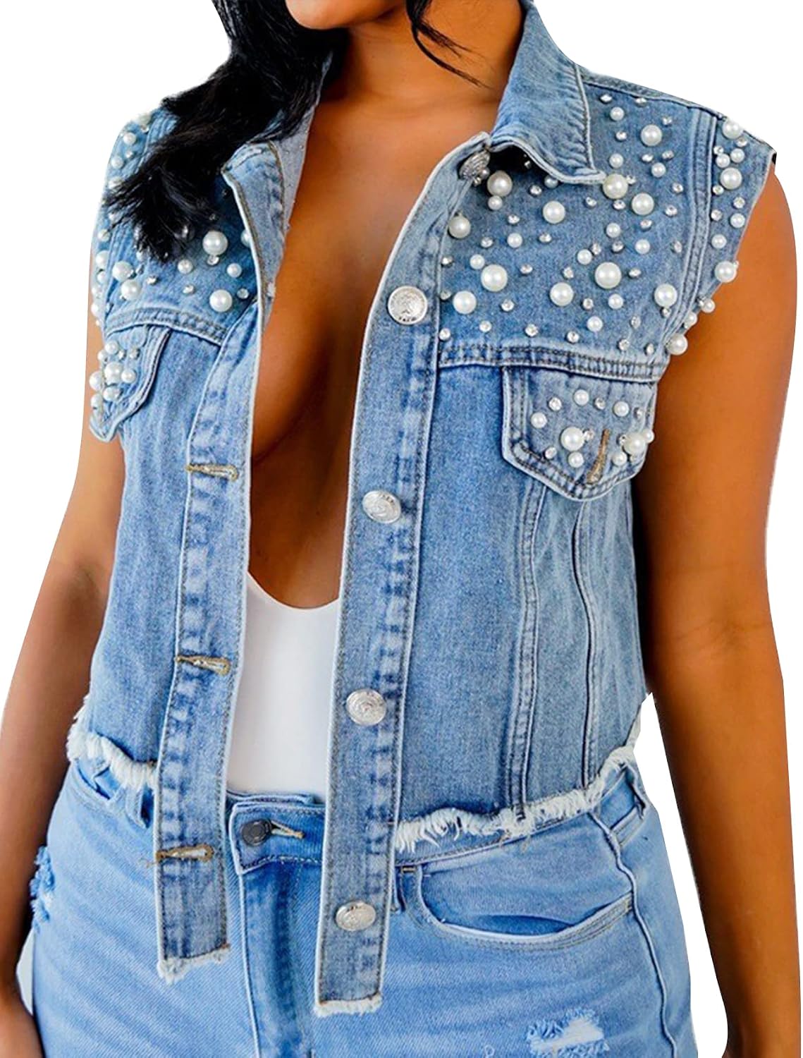 Flygo Womens Sleeveless Distressed Beading Pearls Crop Denim Jean Vest Jacket