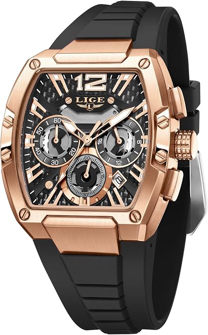 LIGE Men's Watch Skeleton Tonneau Square Chronograph Stainless Steel Quartz