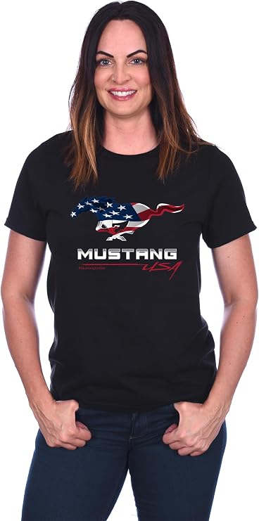 JH Design Women's Ford Mustang USA T-Shirt Short Sleeve Black Crew Neck Shirt