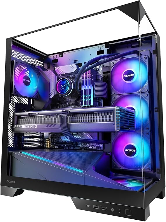 Okinos Aqua 93, ATX PC Case, Tempered Glass Top & Front & Side Panel, 2 120mm ARGB PWM Fan Pre-Installed, Support 360mm Radiator, Back-Connect Motherboard Compatible, Type C Port, Gaming PC Case ATX