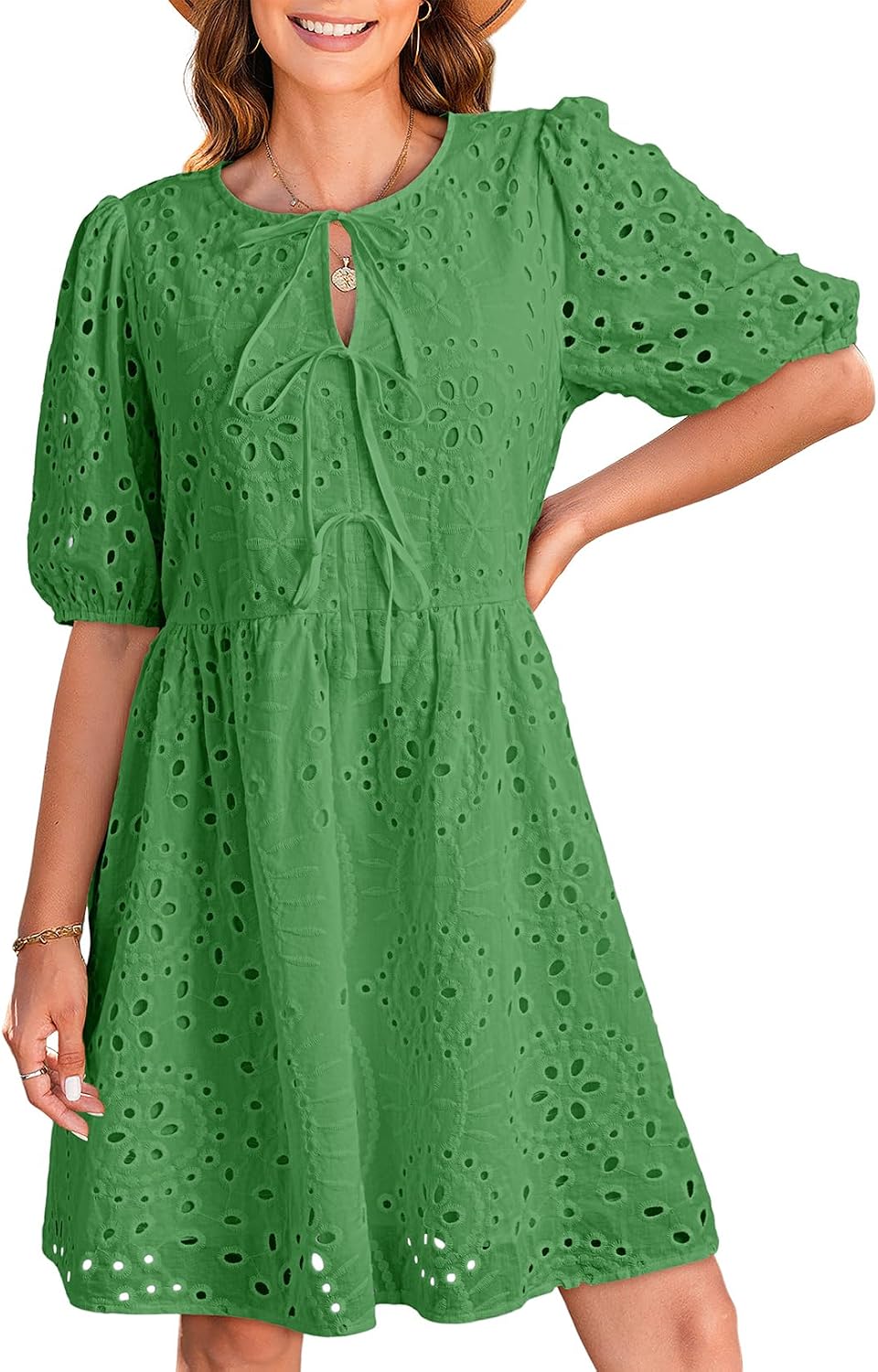 Dokotoo Summer Dresses for Women 2025 Tie Front V Neck Short Puff Sleeve Hollow Out Lace Wedding Guest Dress
