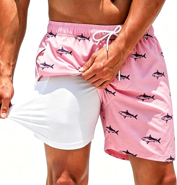ELETOP Men's Swim Trunks with Compression Liner Bathing Suit Beach Board Shorts with Zipper Pockets