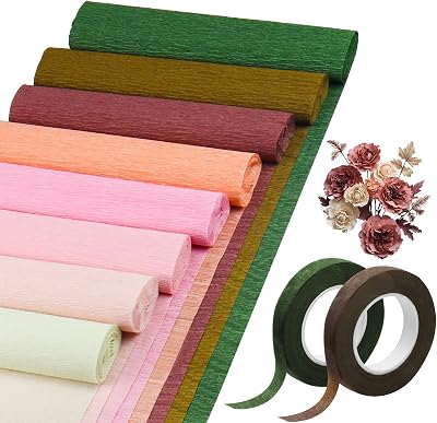 Crepe Paper Flowers, 8 Rolls Wide Crepe Paper Sheets with 2 Floral Tape, Crepe Paper Roll Decorative Party Streamer Flower DIY Kits for Festival Wedding Party Flower Making SuppliesDried Rose Series