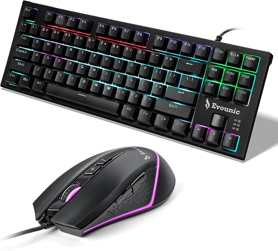 RGB Wired Gaming Mouse & Mechanical Keyboard Combo 6400 DPI 7-Button Ergonomic Mouse with RGB Light Strip + 87 Keys TKL RGB Backlit Keyboard, USB Wired, Fast Response, Windows/Mac/Linux