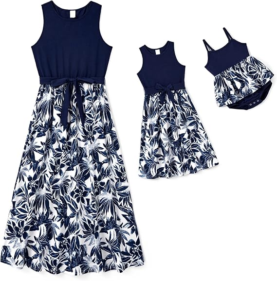 IFFEI Mommy and Me Dresses Matching Outfits Floral Printed Sleeveless Tank Maxi Dress for Mother and Daughter