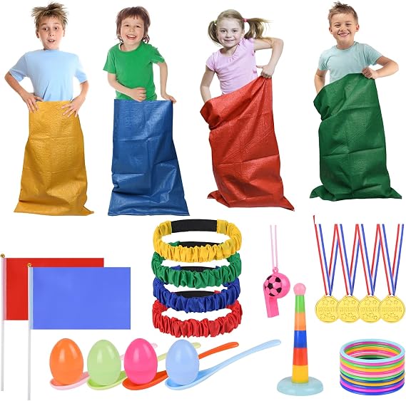 Flintronic 36/33/16/12PCS Sports Day Kit, Sack Racing Games, Outdoor Games, Egg and Spoon, Ring Toss Game, Medal and Whistles, Outdoor Sports for Kids