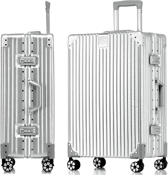 Aoliwei Aluminium Frame Suitcase XL (73 cm) - Robust 100% PC Hard Shell Trolley in Metal Look 78L Large Travel Suitcase for Check-in TSA Lock 4 Quiet 360° Double Wheels Silver