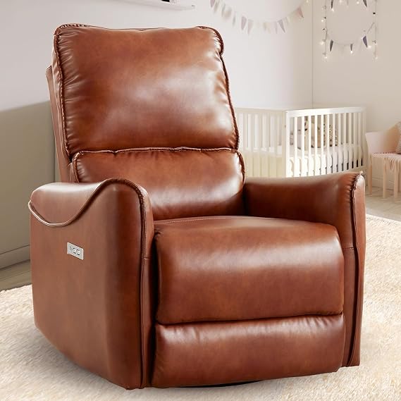 Power Recliner Chair Swivel Glider Rocker Recliner Chairs for Adults, Recliner Chairs for Living Room, Faux Leather Nursery Recliner Chair with Type-C & USB Charge Ports(Caramel)