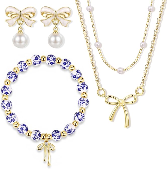Bow Bracelet Necklace Earring Set for Women 14K Gold Plated Dainty Bow Necklace Flower Trendy Beaded Charm Bracelet Cute Pearl Drop Dangle Earrings Love Romantic Jewelry Gifts