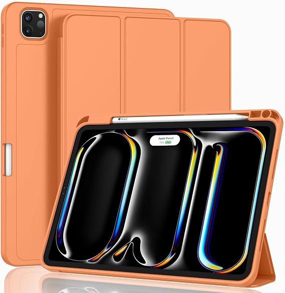 ZryXal New iPad Pro 13 Inch Case (M5) 2025 / (M4) 2024 with Pencil Holder, Smart iPad Case [Support Pencil Pro and Pencil (USB-C)], Support Touch ID and Auto Wake/Sleep (Orange)
