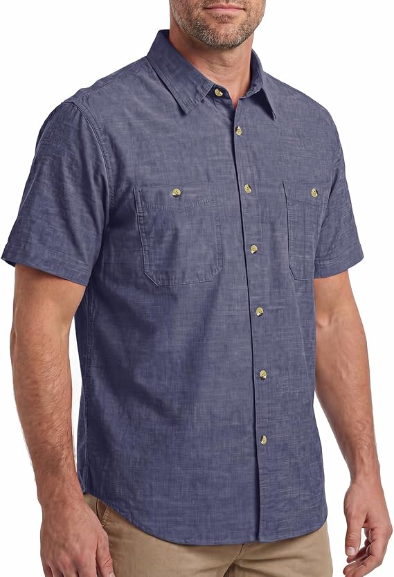 HISEA Men's Short Sleeve Chambray Shirt, Button Down Regular Fit Shirt