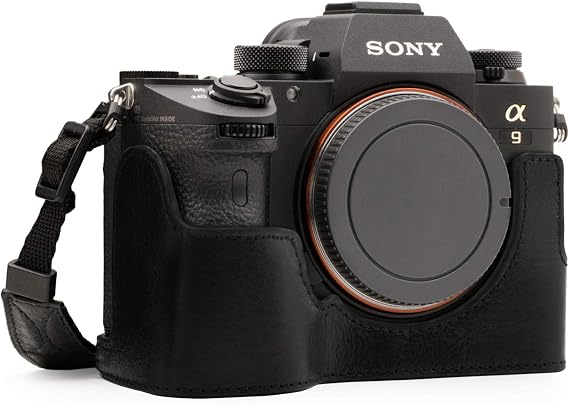 MegaGear MG1243 Sony Alpha A7RIII A9 A7III Ever Ready Genuine Leather Camera Half Case and Strap - Black