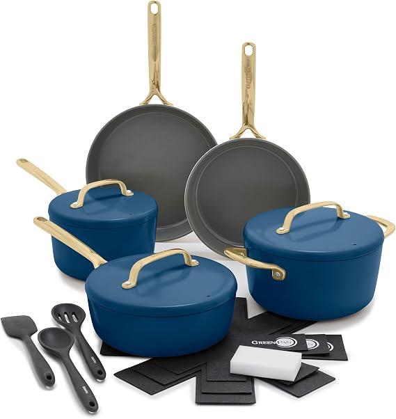 GreenPan GP5 14 Piece Cookware Pots and Pans Set, Hard Anodized PFAS-Free Ceramic Nonstick, Champagne Handles, Heavy Gauge, Stay-Flat Surface, Induction, Dishwasher and Oven Safe, Blue
