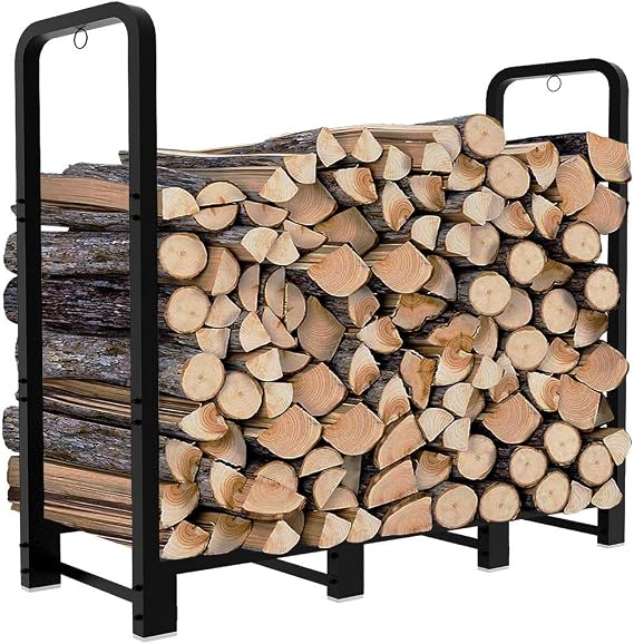 4ft Outdoor Firewood Rack, Upgraded Adjustable Heavy Duty Logs Stand Stacker Holder for Fireplace - Metal Lumber Storage Carrier Organizer, Bright Black