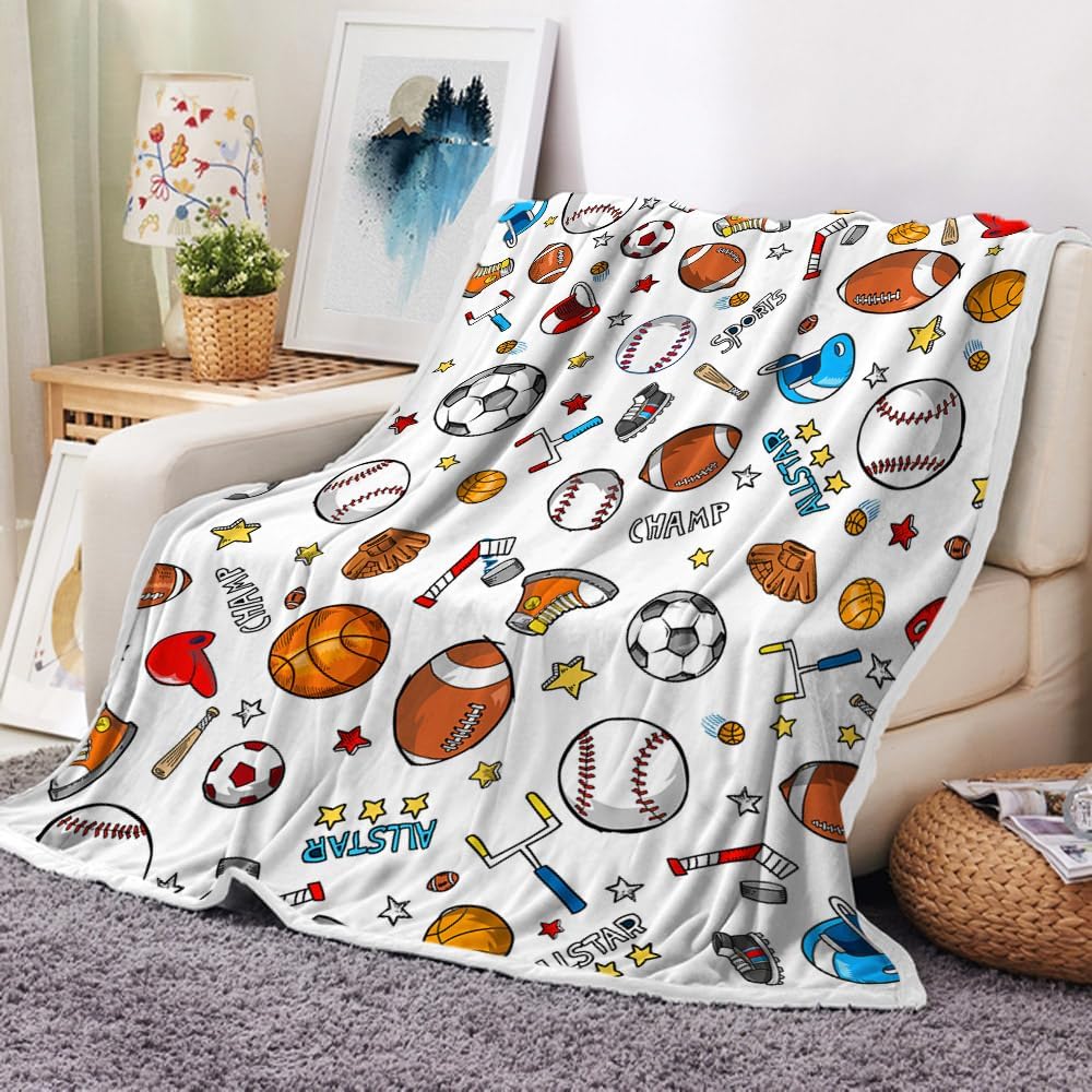 Sports Fan Fleece Throw Blanket for Men, Women and Kids - Basketball, Baseball, Football, Soccer Theme - Cool Blanket for Boys and Children - 60x50 Inch, White