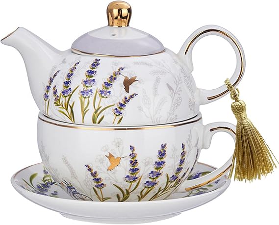 Tea for One Set, Porcelain Teapot and Cup Saucer Set with Tassel Decorative Gold Rim, Spring Floral Teapot Gift for Women Home Office, Lavender