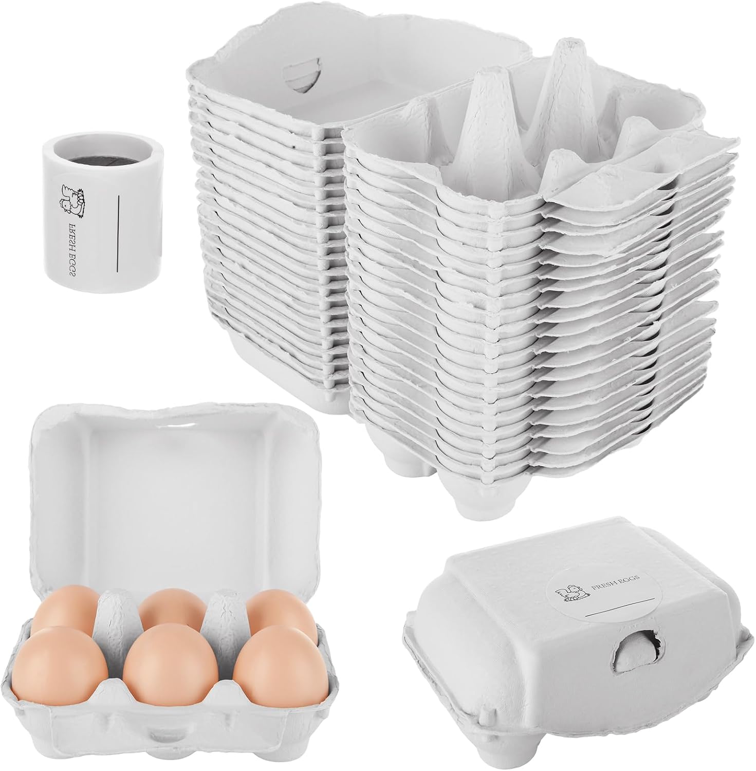 DAJAVE 50 Pack Half Dozen Egg Cartons Bulk 6 Count, Empty Paper Pulp Egg Cartons 2x3 Style with Labels Stickers, Sturdy Design Egg Holder Containers for Family Farm Market Storing
