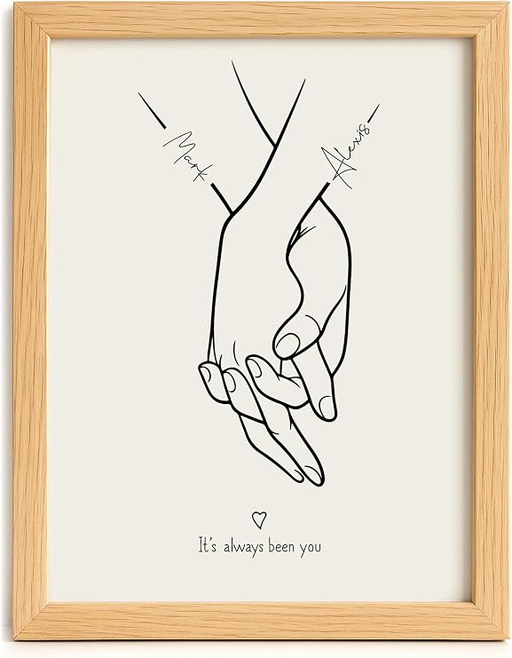 Made by Mika Ltd Personalised Couple Holding Hands Print – Custom Anniversary Wall Art for Husband, Wife or Partner – Romantic Line Art Wedding or Valentine’s Keepsake