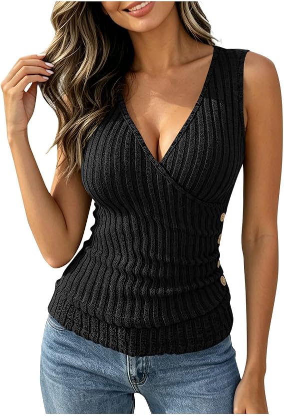Tank Tops for Women Ribbed Slim Fit Dressy Wrap V Neck Sleeveless Shirts Lightweight Ruched Shirts 2026