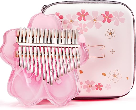 BOTOWI 21 Keys Clear Kalimba Thumb Piano Full Kit, Sakura Shape Transparent Crystal Kalimba 17 Key with EVA Protective Case, Professional Musical Instruments for Kid Adult Beginners,pink 17 keys