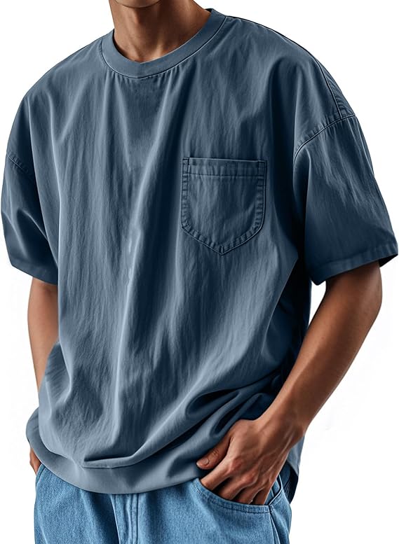 Mens Short Sleeve T-Shirts 2025 Crewneck Pullover Oversized Shirt Classic Fit Distressed Washed Tops with Pocket
