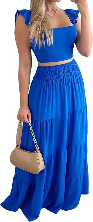 2 Piece Skirt Sets for Women 2025 Summer Spring Resort Vacation Curise Outfits Tank Top Maxi Skirt Set Royal Blue M