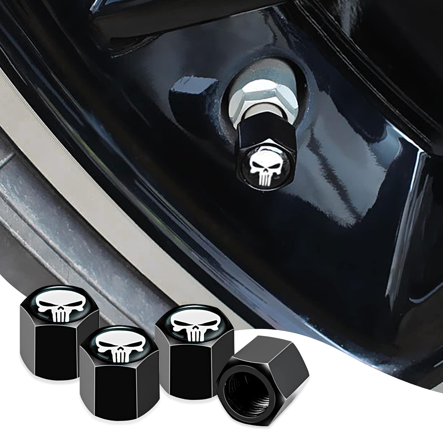 jeseny 4 Pack Long Tooth Skull Tire Valve Cover, Carbon Alloyssealing Dust Cap, Hexagonal Design Tire Anti-air Leakage Gas Cap Cover, Universal for Cars, SUVs, Trucks, Motorcycles Decoration White