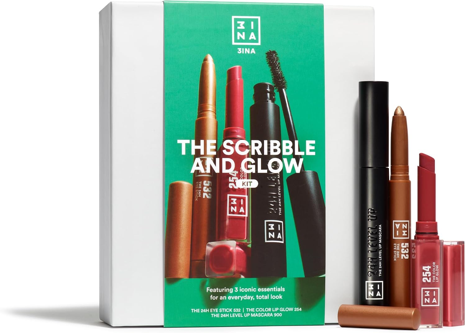 3INA MAKEUP - The Scribble and Glow Kit - Makeup Gift Set - Bronze Eyeshadow Stick  Pink Glossy Lipstick  Black Mascara