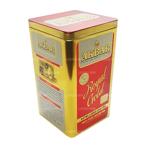 Akbar Royal Gold Big Leaf OPA Ceylon Black Tea, Loose Leaf in Gold Tin, 250g | Smooth, Light Floral Aroma | Whole-Leaf Orange Pekoe A
