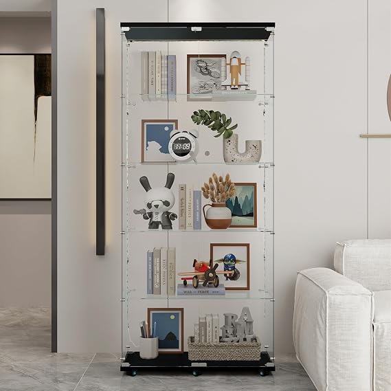 Modern Glass Display Cabinet 5-Shelf with LED Light, Lock and Wheels, 2 Door Curio Cabinets, Tempered Glass Collection Display Showcase for Living Room Home Office,30.9x13.5x76 H,Black