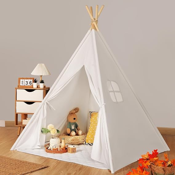 Wilwolfer Kids Teepee Tent Indoor: Foldable Cotton Tipi Play Tent with Window and Floor Mat, Large Playhouse for Girls and Boys, Birthday Gift (Natural White)