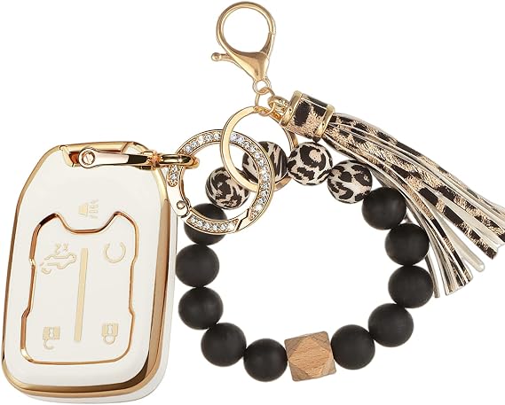 Smart Soft TPU Key Fob Case with Gold Key Chain and Leopard Print Bracelets Key Holder Compatible for 2017-2022 GMC Acadia, GMC Terrain 5 Buttons White