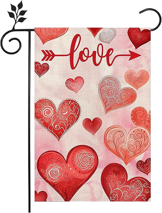 Valentine's Day Heart Garden Flag 12x18 Inch Double Sided Red Love Heart Seasonal Flag for House Yard Outdoor Decor