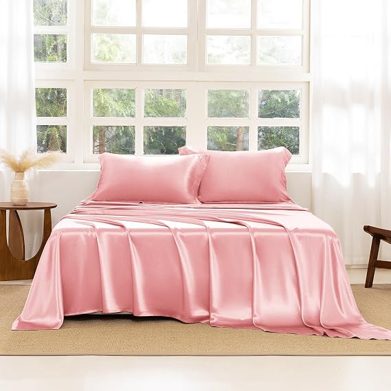 THXSILK Silk Sheet Set 4 Pcs, Queen Size Sheet Set, 22 Momme 7A+ Silk Sheets, Soft and Breathable Bed Sheets with 1 Flat Sheet, 1 Fitted Sheet, 2 Pillow Shams, Charming Pink