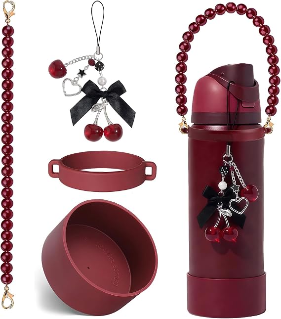 Water Bottle Accessories Set for Owala FreeSip 24oz32 oz Includes Pearl Handle Strap, Bow Charms,2.9in .3inch Silicone Bling Boot for Owala Accessories for Women