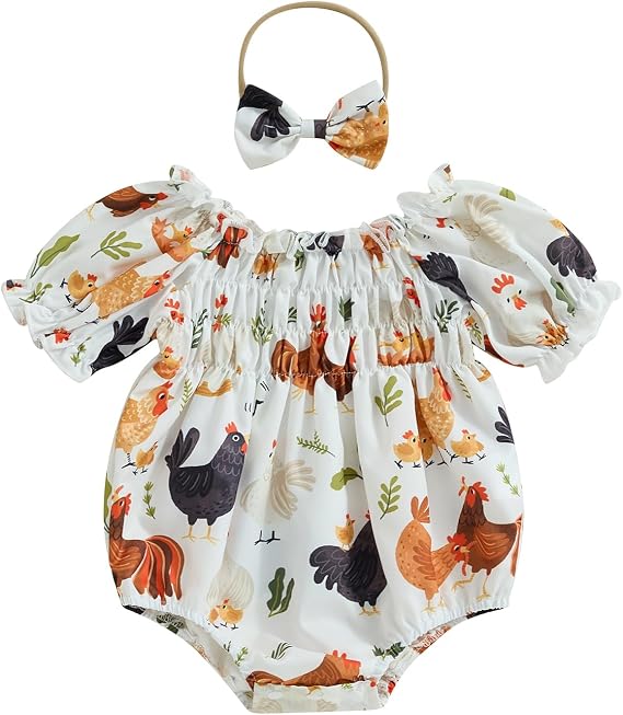 Newborn Baby Girl Farm Outfit Chicken Print Short Sleeve Romper Smocked Bodysuit Headband Infant Country Clothes